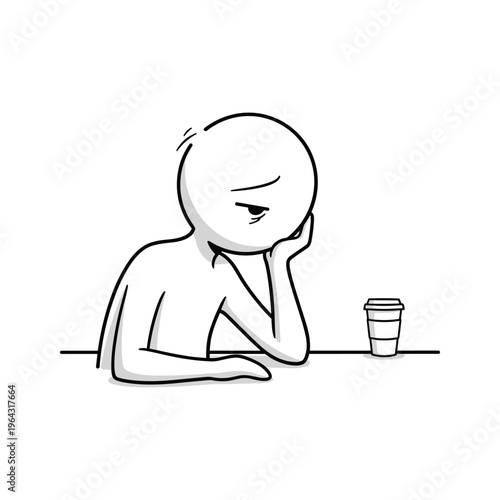 Sad Stick Figure with Coffee Cup, Feeling Boredom and Loneliness