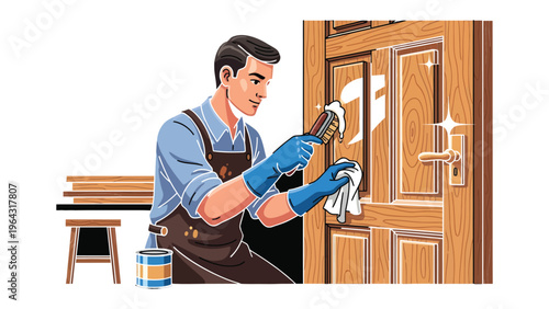 Woodwork Restoration: A skilled artisan meticulously applies varnish to a wooden door, restoring its luster and beauty, showcasing craftsmanship and dedication.