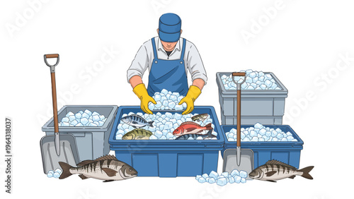 Fisherman with his Catch: A fisherman meticulously arranging fresh fish within chilled containers, ensuring the utmost quality.