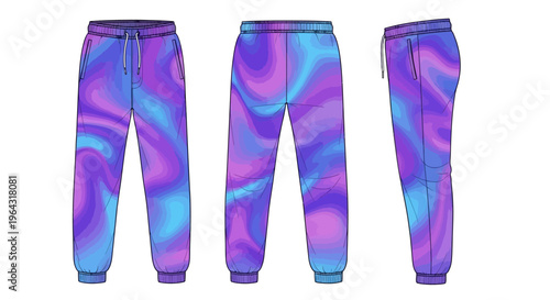 Multicolor holographic joggers displayed from front, back, and side