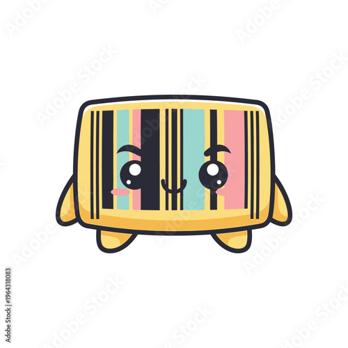 Colorful cartoon barcode character smiling.
