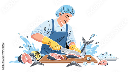 Master Butcher's Precision: A skilled butcher expertly cuts fresh fish on a wooden board. The scene embodies culinary skill and the art of food preparation. 