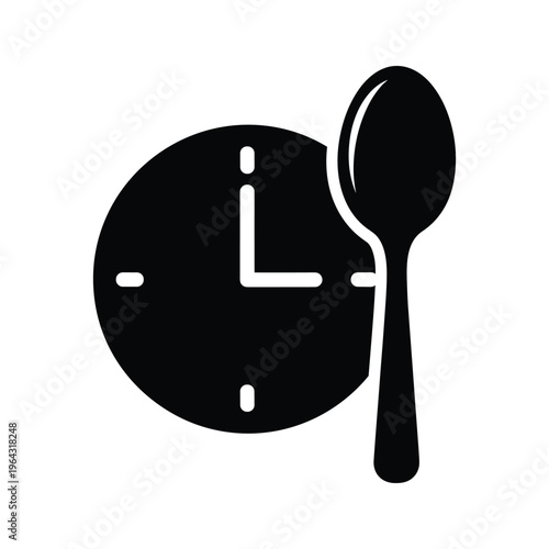 Black Spoon and Clock Icon - Meal Time Concept