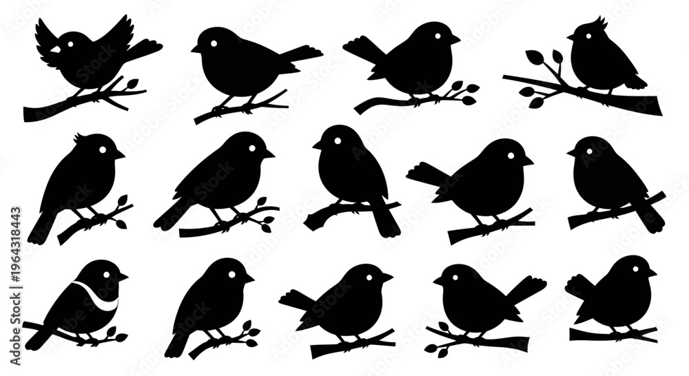 Fototapeta premium Bird Silhouettes Vector Illustration Set: Black Graphic Collection of Small Songbirds for Nature Design Elements