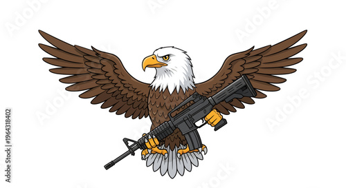 Bald Eagle with Assault Rifle Vector Illustration, Patriotic Cartoon Graphic Symbolizing American Freedom and Second Amendment, USA Military and National Themes.