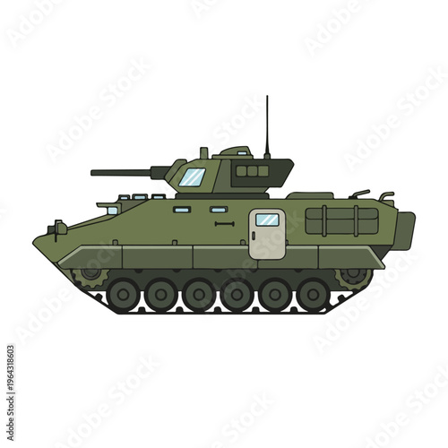Military armored vehicle with turret and cannon on white background