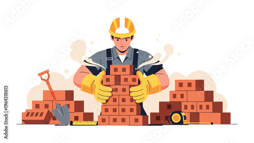 Building the Future: A skilled bricklayer meticulously arranges red bricks, constructing a solid foundation for progress and demonstrating the craftsmanship in action.