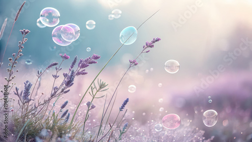 Dreamy pastel wildflowers with floating soap bubbles, soft bokeh meadow in morning light, magical spring nature background for wallpaper, wellness branding, romantic design, airy floral backdrop