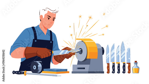 Artisan at Work: An artisan meticulously sharpens a blade, sparks flying in a display of skilled craftsmanship, representing dedication.