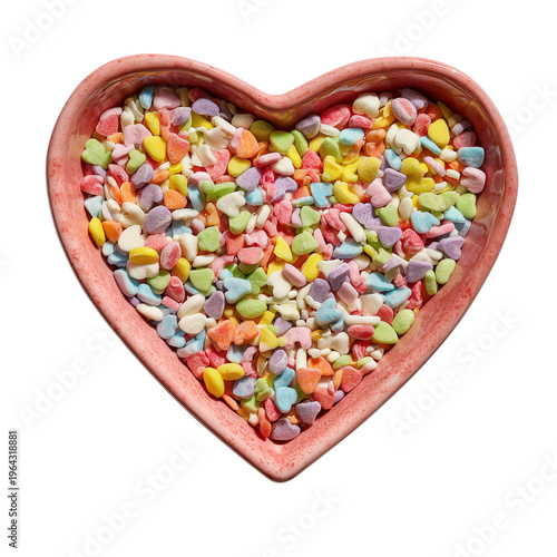 heart-shaped ceramic dish filled with small candy isolated on transparent background