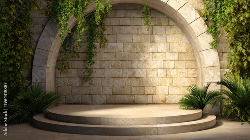 An elegant stone archway with green vines and a spacious stone platform for presentations