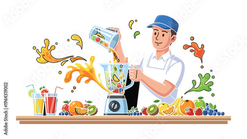 Fruitful Fusion: A skilled blender artist crafts a vibrant smoothie, combining fresh fruits into a delicious concoction. Capturing the artistry of fresh and healthy eating.