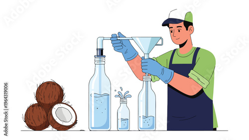 Coconut Water Bottling Process: An illustrated scene captures the careful bottling of fresh coconut water, with a worker meticulously pouring the beverage into bottles.