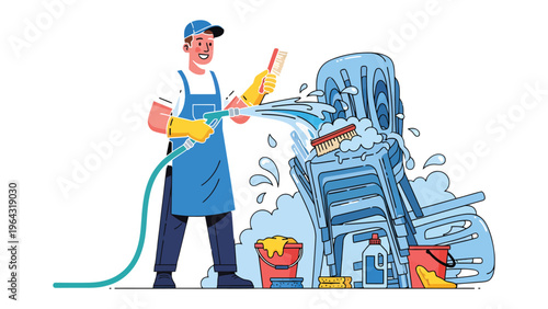 Man Cleaning Chair: A determined individual diligently cleans a chair with a water hose, scrubbing brush and soap, showcasing a commitment to cleanliness and sanitation.