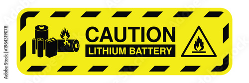 Lithium Battery Warning Sign Yellow Caution Label Fire Hazard Industrial Safety Vector