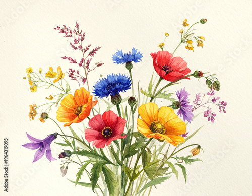Elegant watercolor wildflower bouquet featuring red poppies and blue cornflowers. Handpainted botanical illustration ideal for summer designs, greeting cards, and artistic home decor.