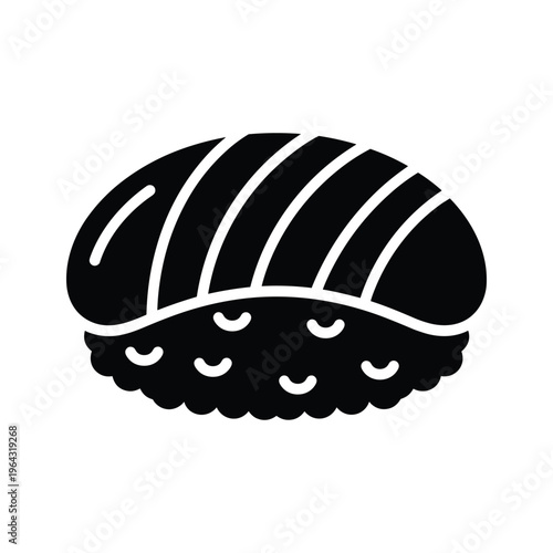 Black and white simple icon of a sushi roll with salmon