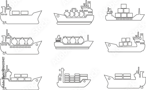  Cargo Ship Icon and Sea Transportation Symbols with Oil Tanker and LNG Tanker