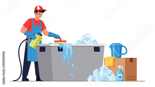 Professional Cleaning Process: An expert cleaner meticulously sanitizes a container using advanced equipment, ensuring a spotless and hygienic result. Illustrating cleanliness and attention to detail.