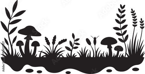 A detailed black silhouette illustration of various forest plants and mushrooms against white isolated on white background