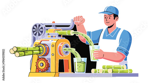 Sugarcane Juice Production: A worker efficiently operates a sugarcane juice machine, extracting the refreshing liquid from the raw cane for a wholesome beverage. 