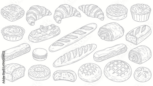 Collection of Assorted Baked Goods and Pastries Hand Drawn Sketch.