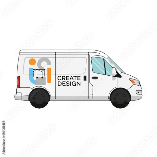 White Delivery Van with Creative Design Logo on Side Panel