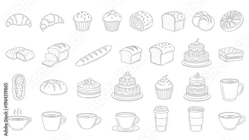 Collection of Bakery and Coffee Shop Items Hand Drawn Sketch Style.
