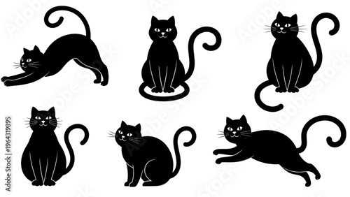 Collection of Black Cats in Various Poses and Actions.