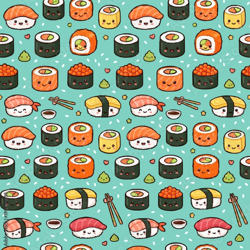 Cute Kawaii Sushi and Sashimi Seamless Pattern for Japanese Food Decor. A high-quality seamless pattern featuring adorable cartoon sushi rolls, nigiri, and sashimi with cute faces. Includes wasabi...