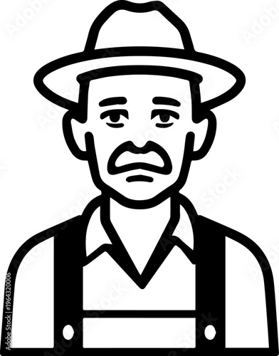 Hand Drawn Elderly Farmer Man Black and White Illustration in Minimal Solid Art Style Design