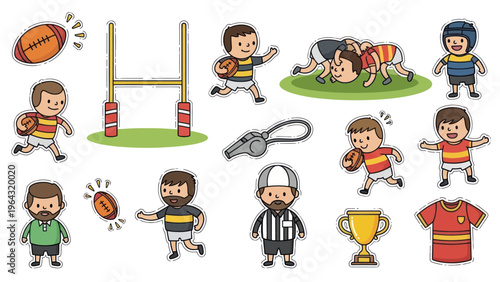 Collection of Cartoon Rugby Players and Equipment.