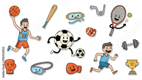 Collection of cartoon sports characters and equipment for active lifestyle.