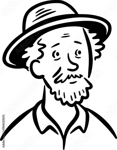 Hand Drawn Elderly Farmer Man Black and White Illustration in Minimal Solid Art Style Design