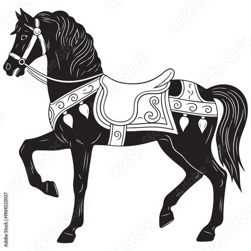 Ornate Black Horse with White Saddle and Bridle in Classic Graphic Style
