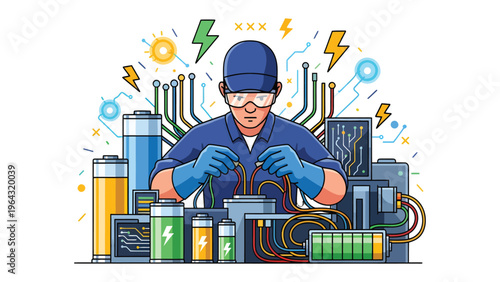 Power Circuit Artisan: A skilled technician, adorned in safety glasses and gloves, meticulously works with electrical components amidst an array of batteries and circuits.