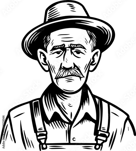Hand Drawn Elderly Farmer Man Black and White Illustration in Minimal Solid Art Style Design