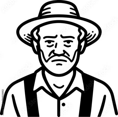 Hand Drawn Elderly Farmer Man Black and White Illustration in Minimal Solid Art Style Design