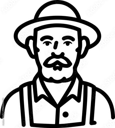 Hand Drawn Elderly Farmer Man Black and White Illustration in Minimal Solid Art Style Design