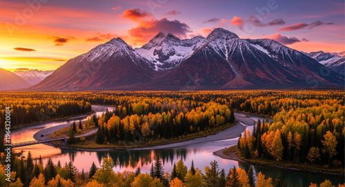 Mountain River Landscape with Trees.