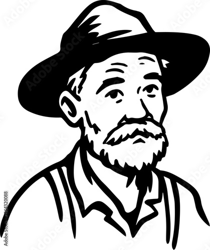 Hand Drawn Elderly Farmer Man Black and White Illustration in Minimal Solid Art Style Design