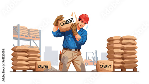 Hard Work at the Construction Site: A diligent construction worker diligently carries a heavy bag of cement on his shoulder. With determination.