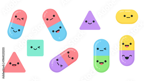 Collection of cute colorful cartoon erasers with happy faces.