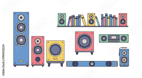 Colorful home audio speaker systems.