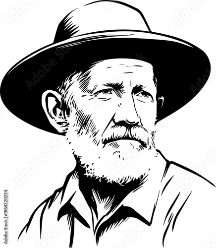 Hand Drawn Elderly Farmer Man Black and White Illustration in Minimal Solid Art Style Design