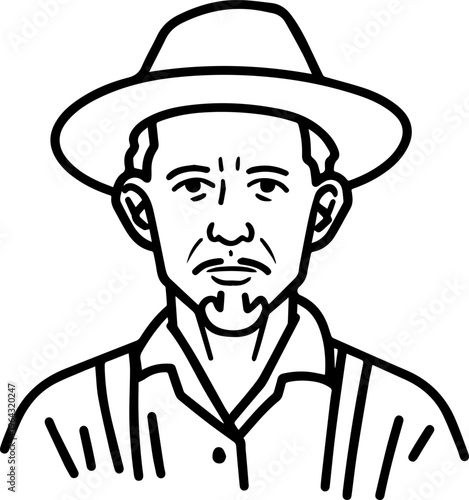 Hand Drawn Elderly Farmer Man Black and White Illustration in Minimal Solid Art Style Design