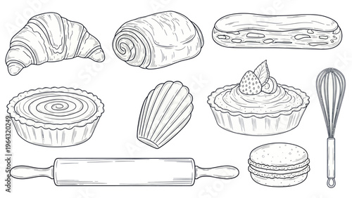 Collection of Delicious Baked Goods and Baking Utensils Hand Drawn Sketch.