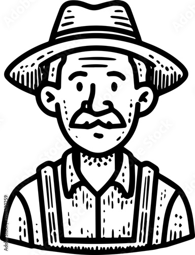 Hand Drawn Elderly Farmer Man Black and White Illustration in Minimal Solid Art Style Design
