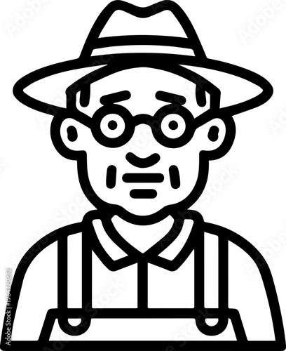 Hand Drawn Elderly Farmer Man Black and White Illustration in Minimal Solid Art Style Design