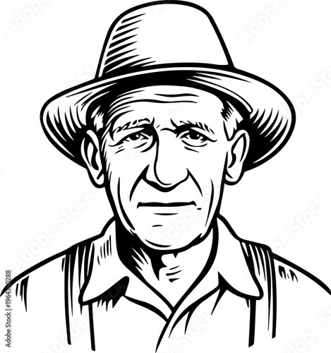 Hand Drawn Elderly Farmer Man Black and White Illustration in Minimal Solid Art Style Design